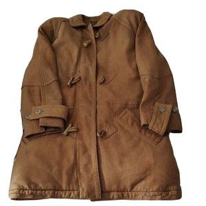 EDDIE BAUER soft Leather M Tan GOOSE DOWN flannel lined COAT jacket button zips